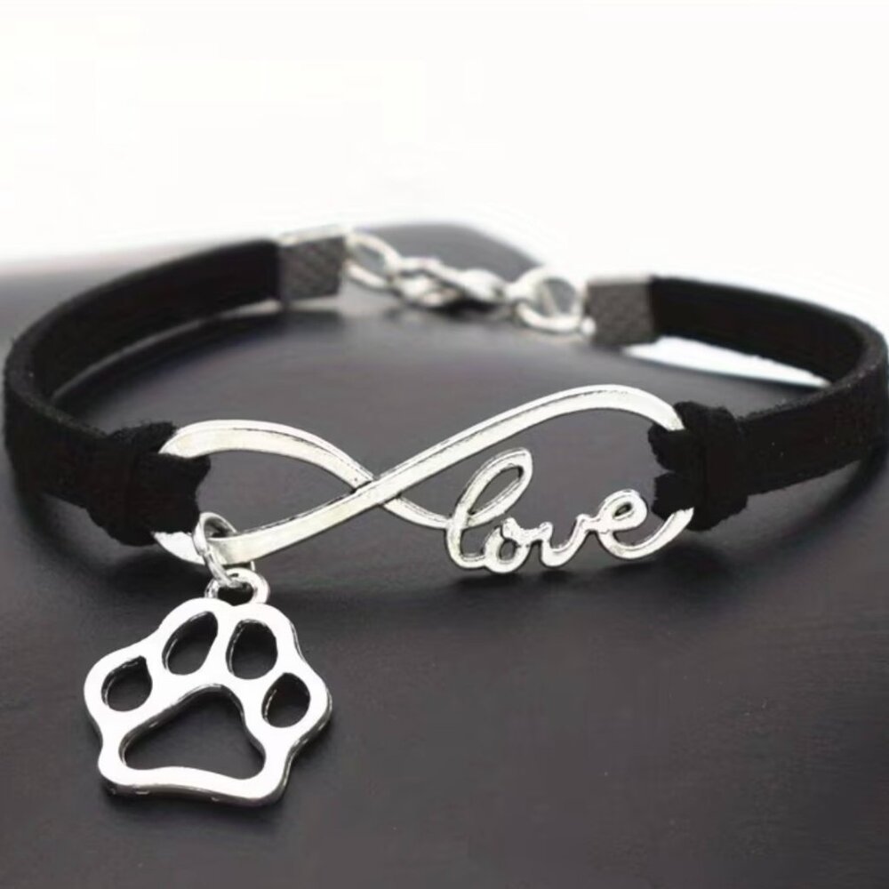 Infinity Love Pet Paw Charm Bracelet Black Silver-Tone NWT
